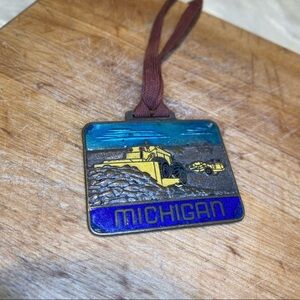 Vintage MICHIGAN Bulldozer Enameled Brass Hanging Ornament Made in Italy